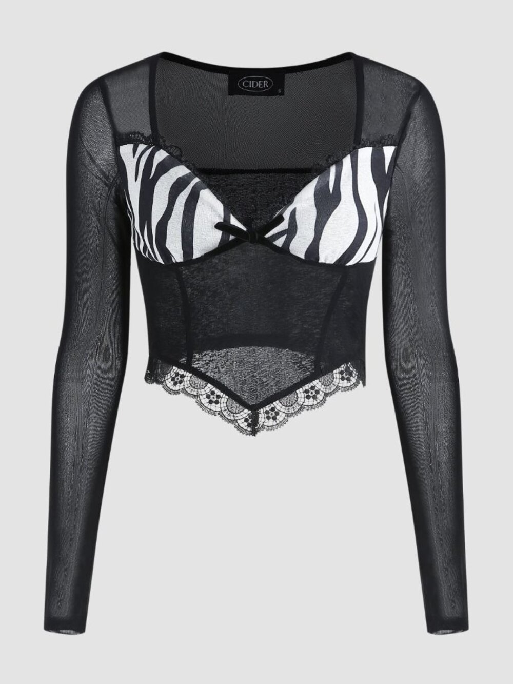 Cider Zebra Print Mesh Lace Sheer Long Sleeve Crop Top Size S